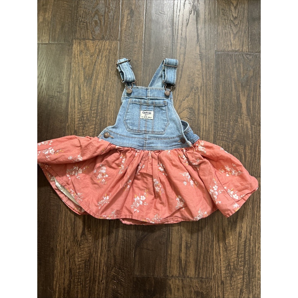 OshKosh B'gosh Denim Overall Dress Vestbak Pink Floral Layered Ruffle 24 Months